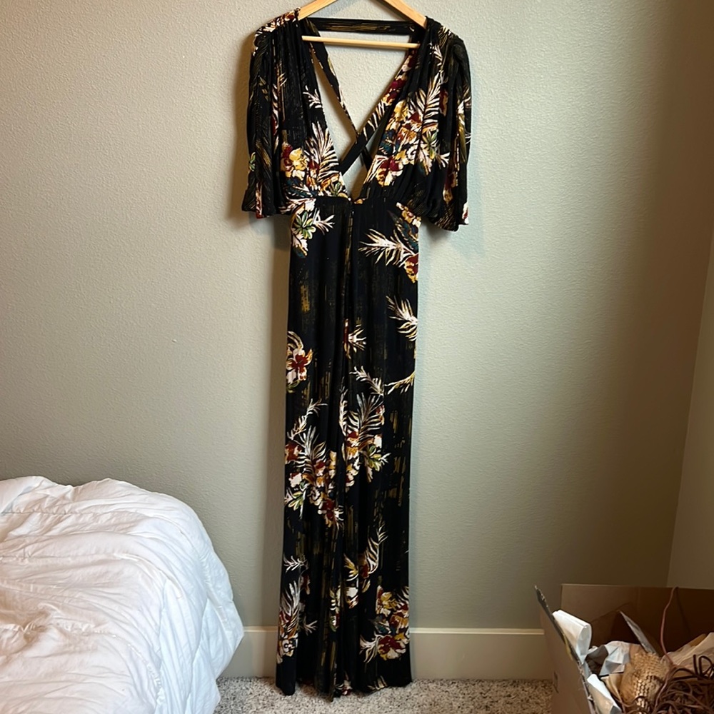 Free People Black Floral Deep V Jumpsuit